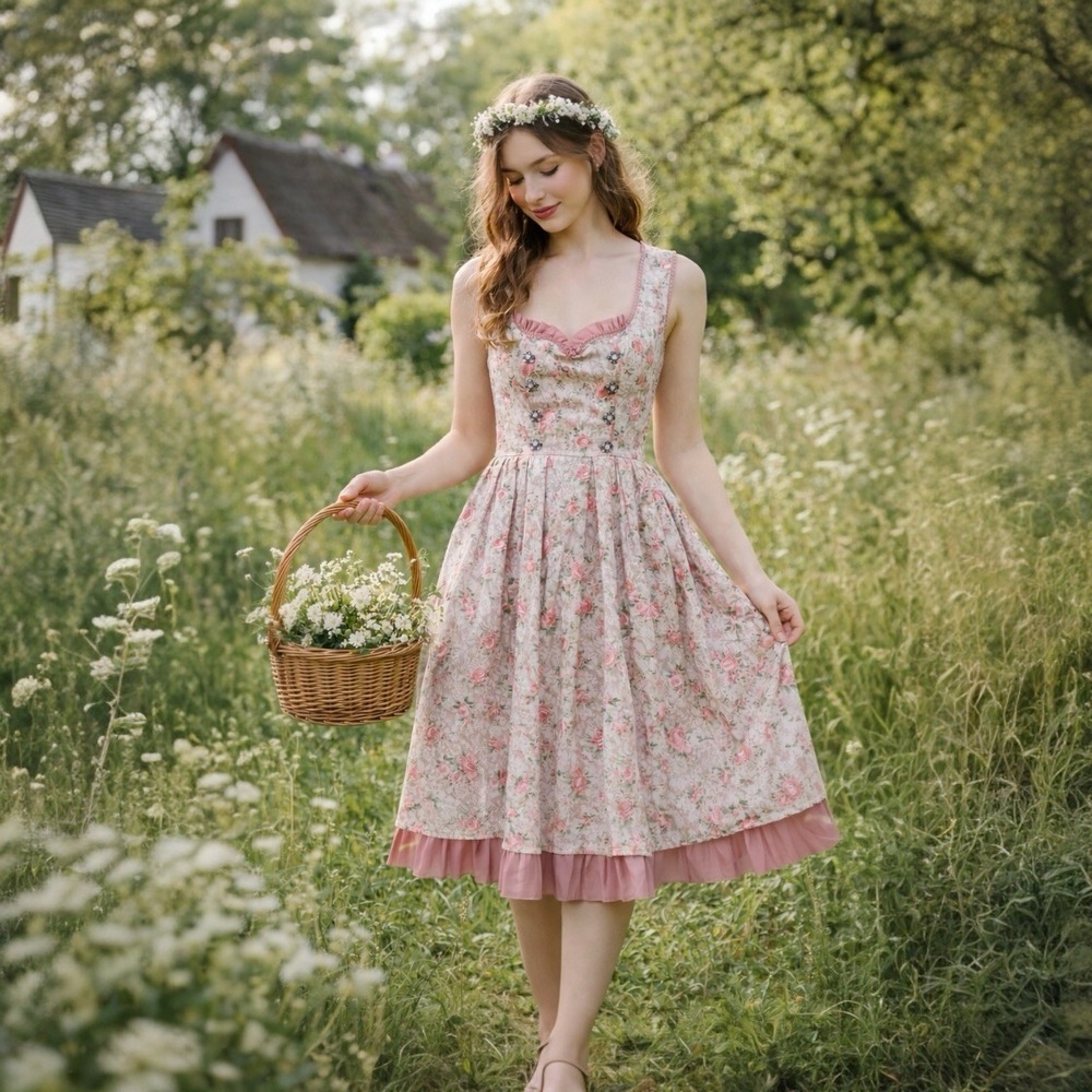 MarJo Trachten Dirndl Dress Floral Lace Overlay EU 48 Pink Oktoberfest Milkmaid‎